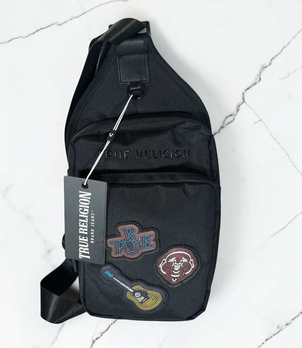 True Religion Perdue Black Patch Sling Crossbody Bag Adjustable Strap NWT